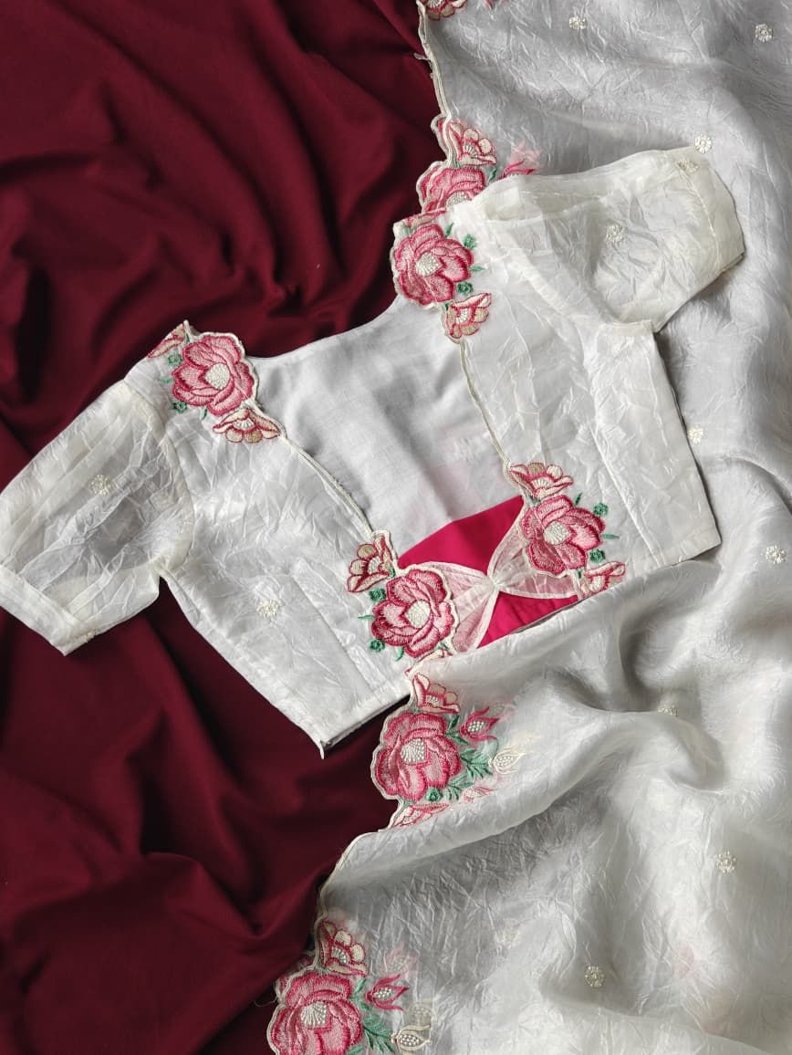 Crush Silk Embroidery Cutwork saree with stitched blouse