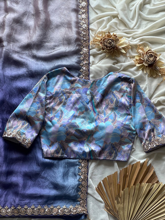 Avatar Blue space silk saree with coding stitched blouse