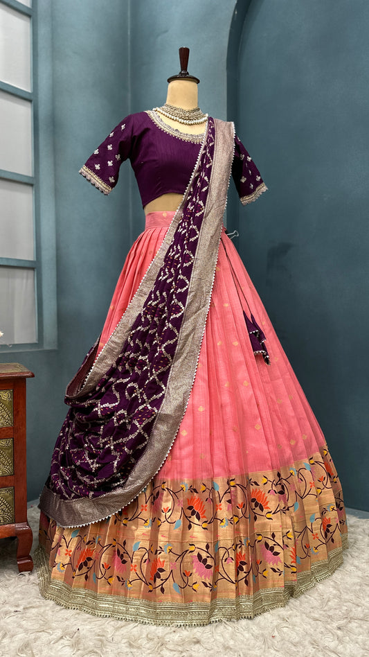 Kota checks peach colour Meenakari lehenga