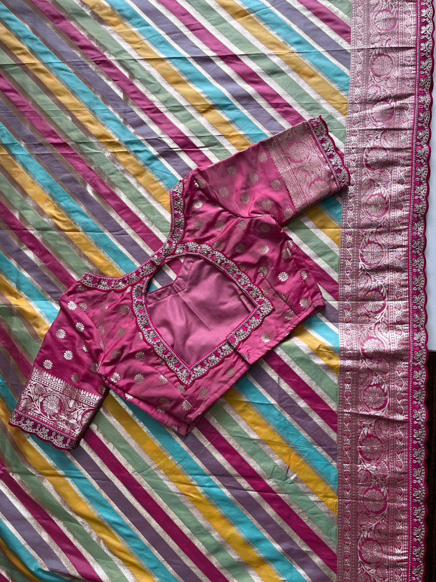 Banarasi pattu saree with lehariya stiched blouse