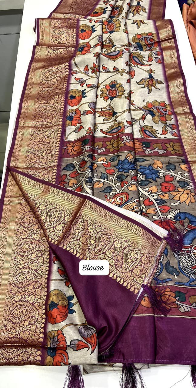 Tusser silk Kalmkari budget sarees