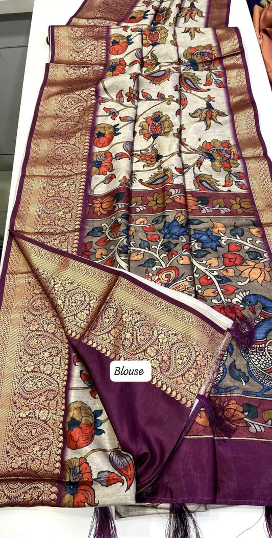 Tusser silk Kalmkari Trendy Saree
