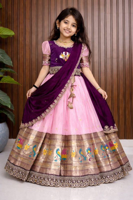 Kid cute pattu style work lehenga