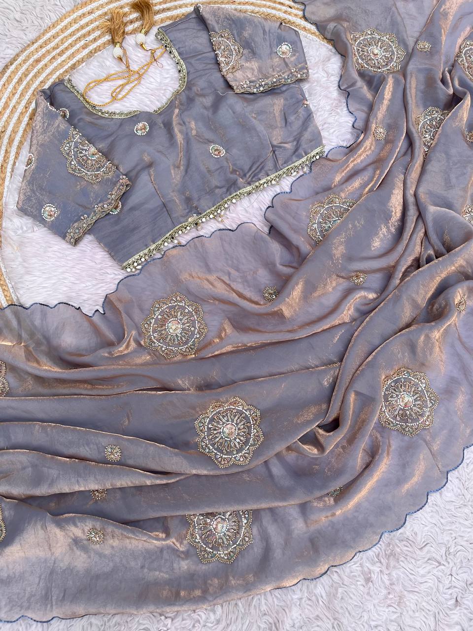 Fendi Satin Saree with Work stitched Blouse