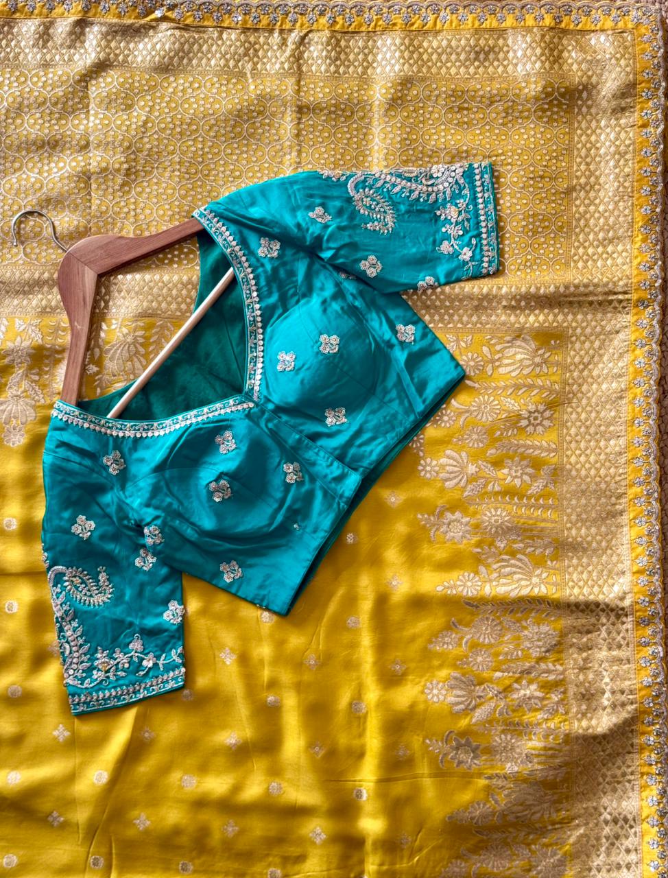 Luxe saree with stitched blouse Munga haldirasam saree