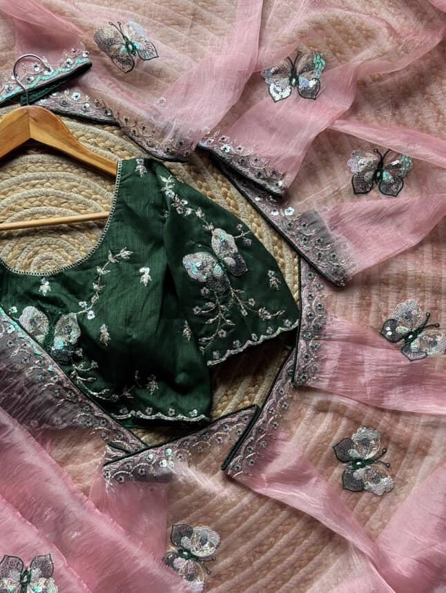 Coding work Luxe with butterfly organza saree with stitched blouse