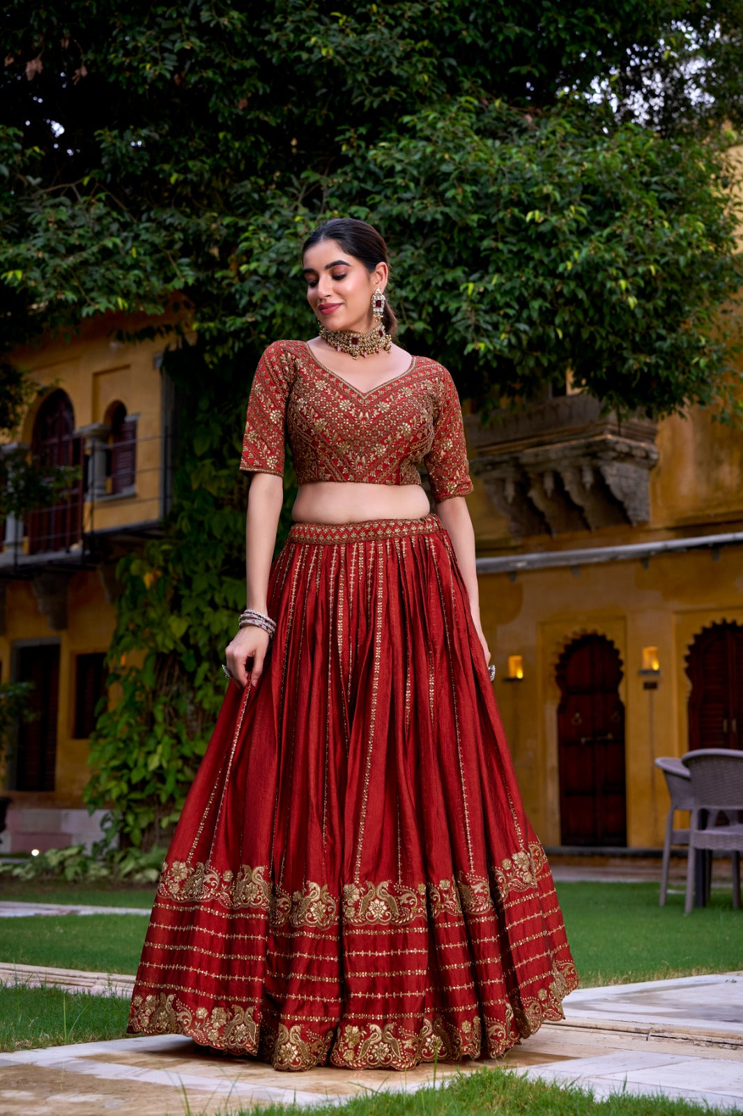 Rust Orange Lehenga Chili Embroidery Lehenga Luxe