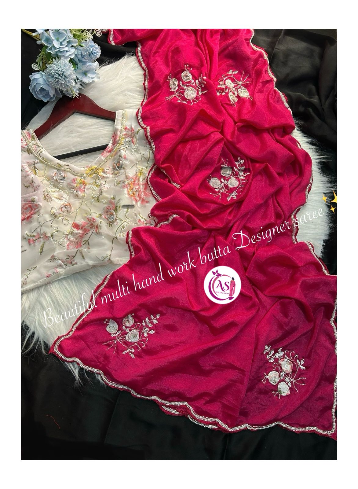 Chinon designer Moti mirror, hand, cut stitched blouse sarees