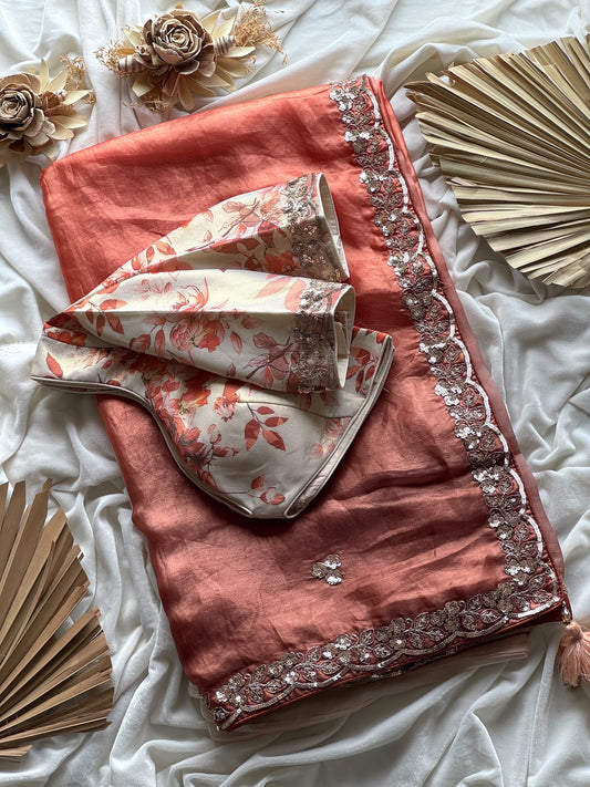 Orange garden coating sequence saree with stitched blouse