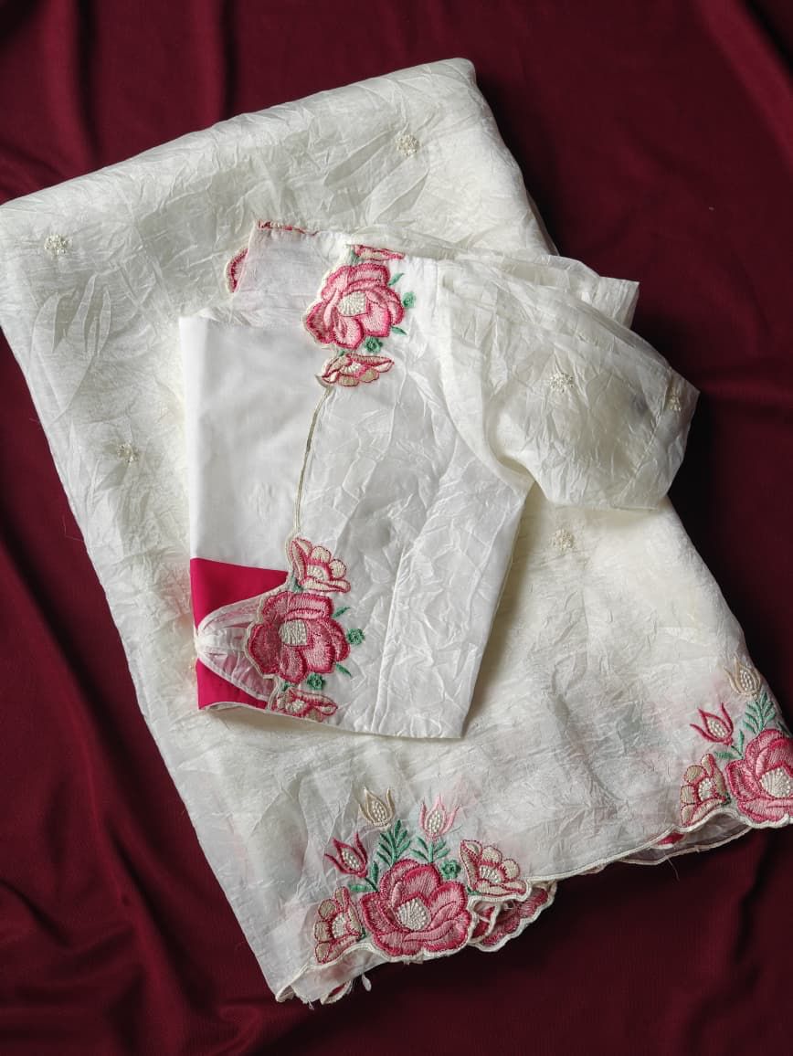 Crush Silk Embroidery Cutwork saree with stitched blouse