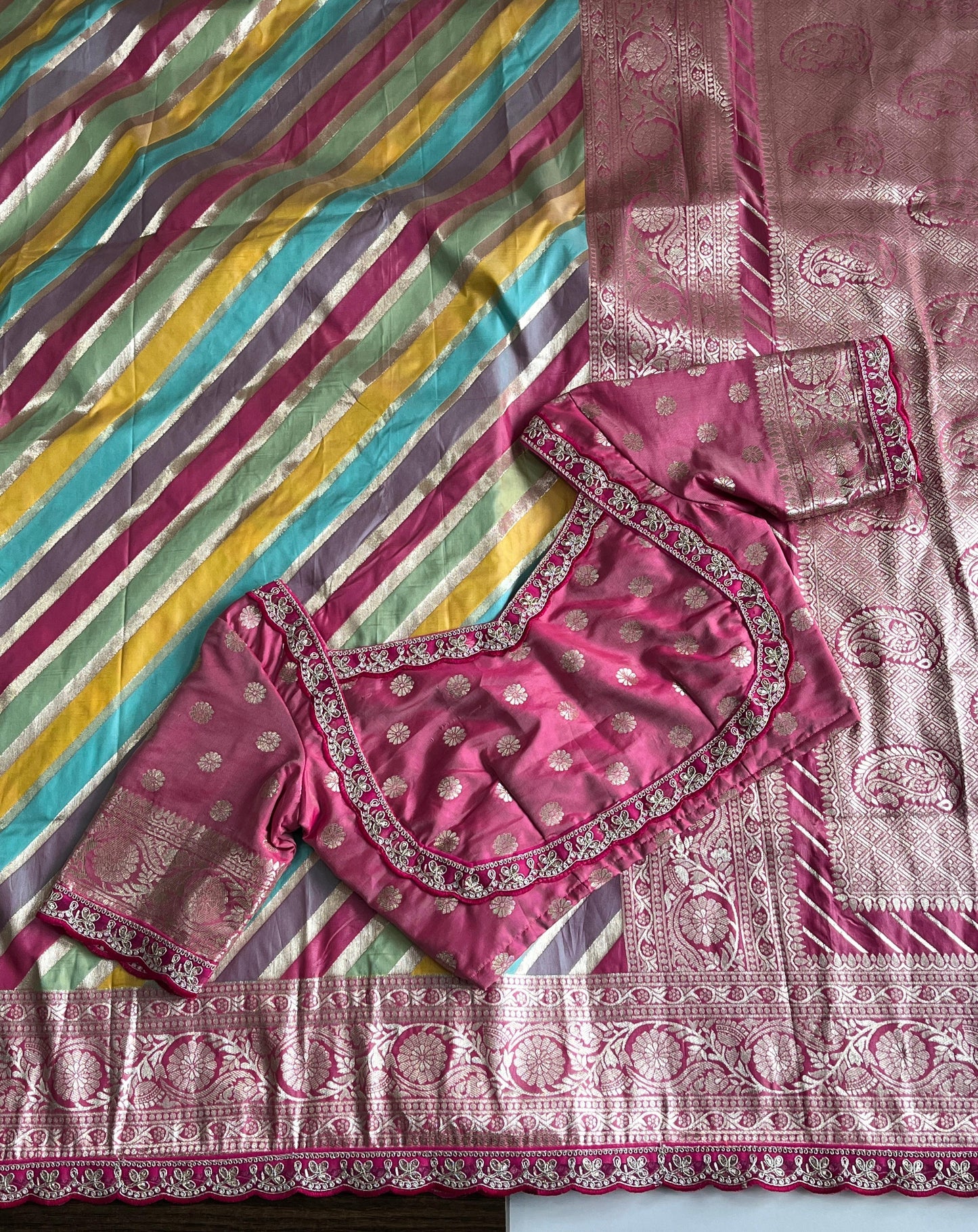 Banarasi pattu saree with lehariya stiched blouse