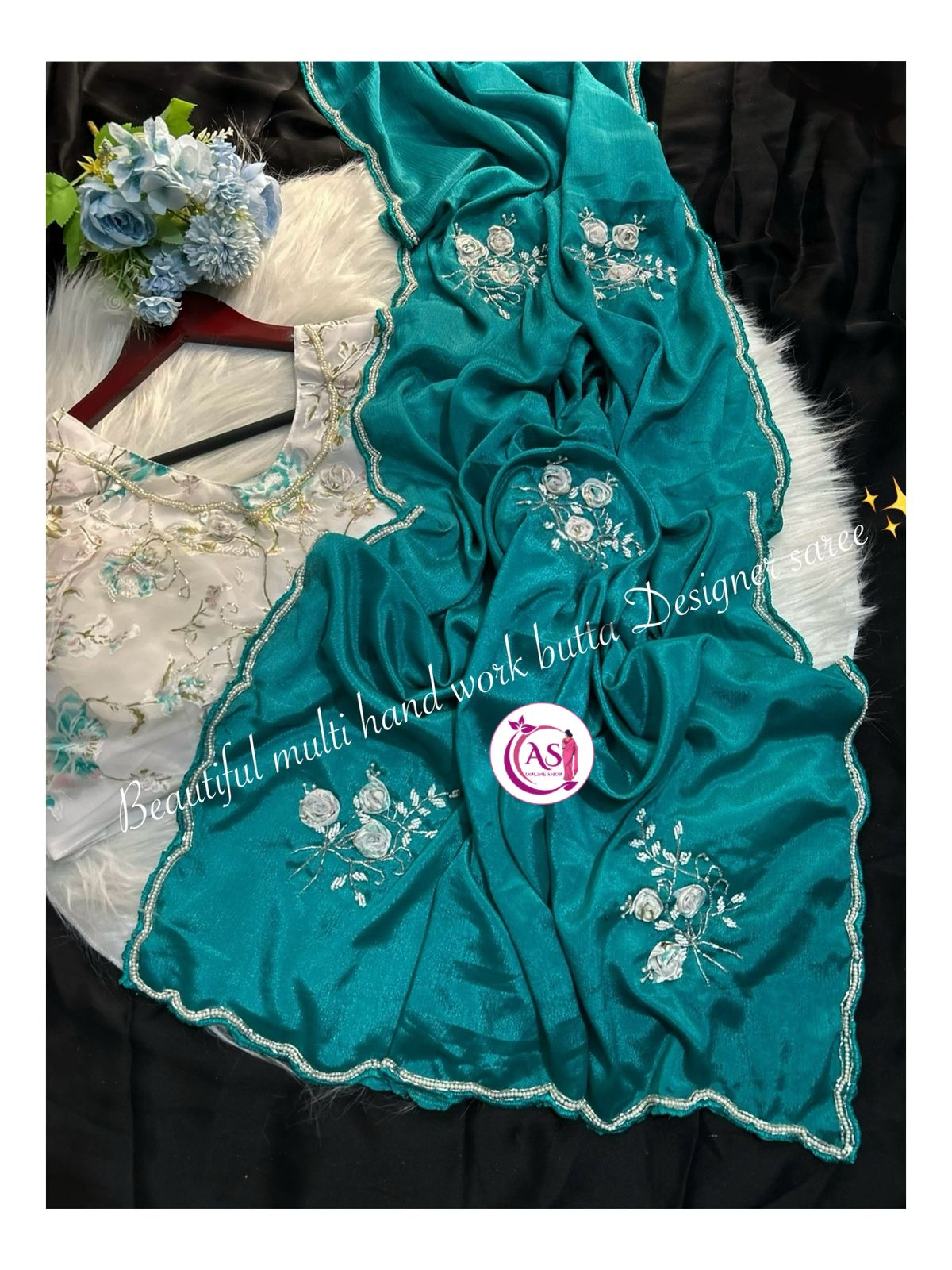 Chinon designer Moti mirror, hand, cut stitched blouse sarees
