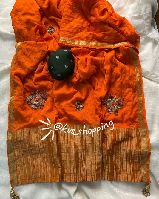 Handcrafted Jardoshi Saree With chex Trendy Saree