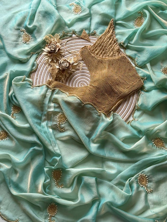 Space Georgette saeee with gold pearl work blouse