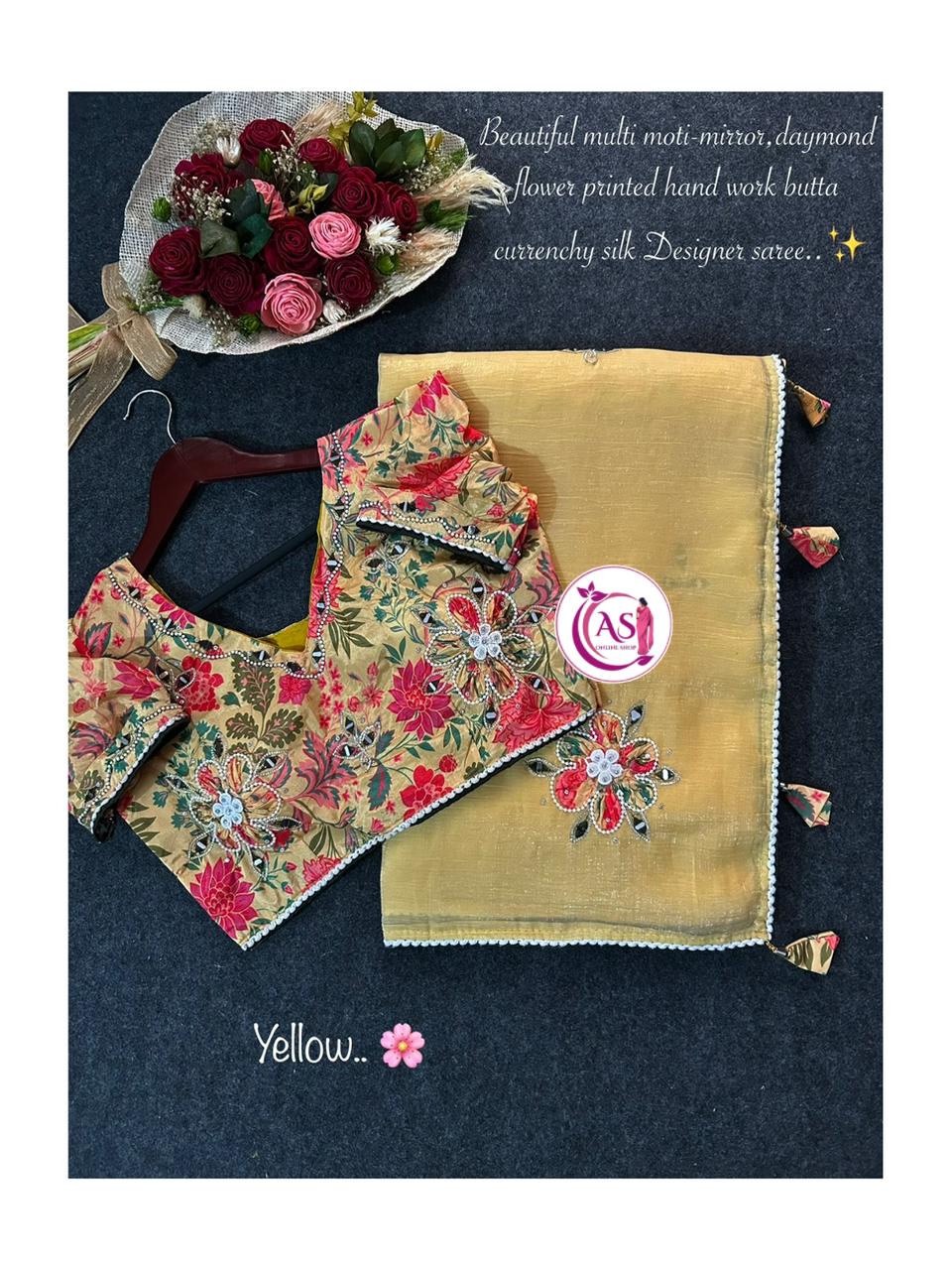 Multi mirron stitched blosue with crunchy silk saree