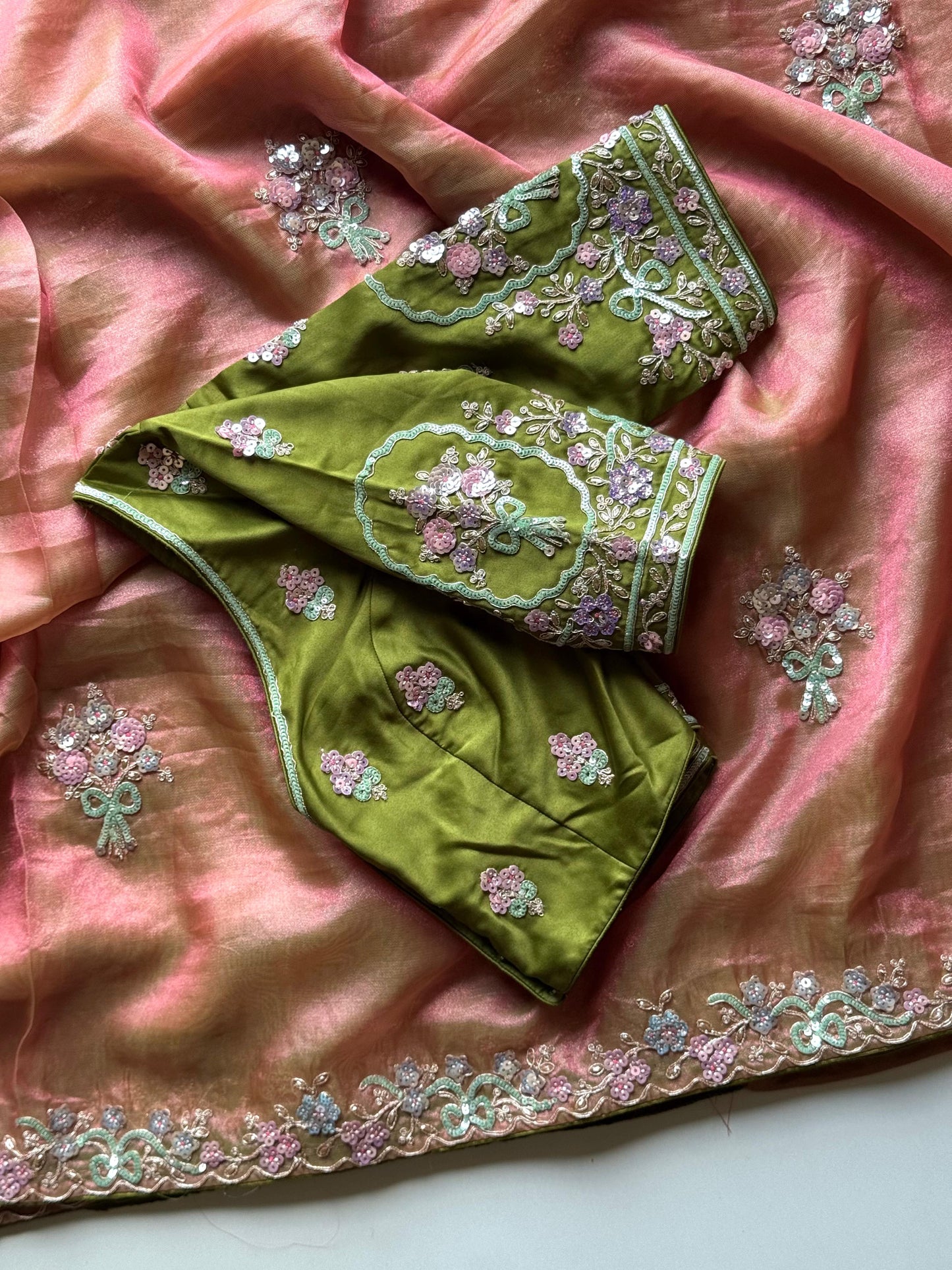 Luxe tissues silk Coding work sequences stitched
Blouse