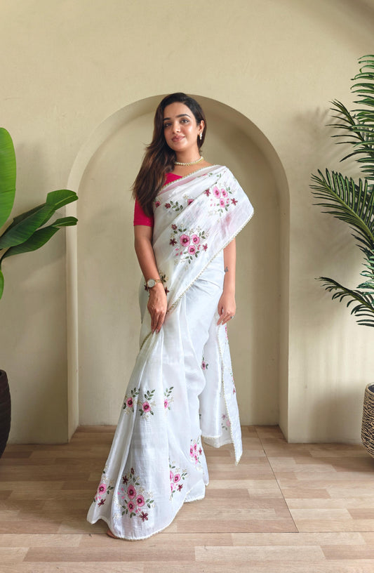 Crushed saree embroidery handwork with stitched blouse
