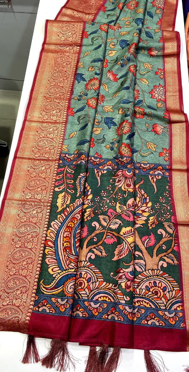 Tusser silk Kalmkari budget sarees