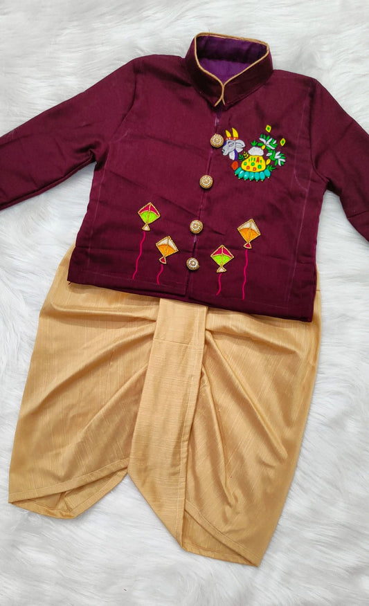 Sankranthi special boy festival theme kurti with dhoti set pure maggam