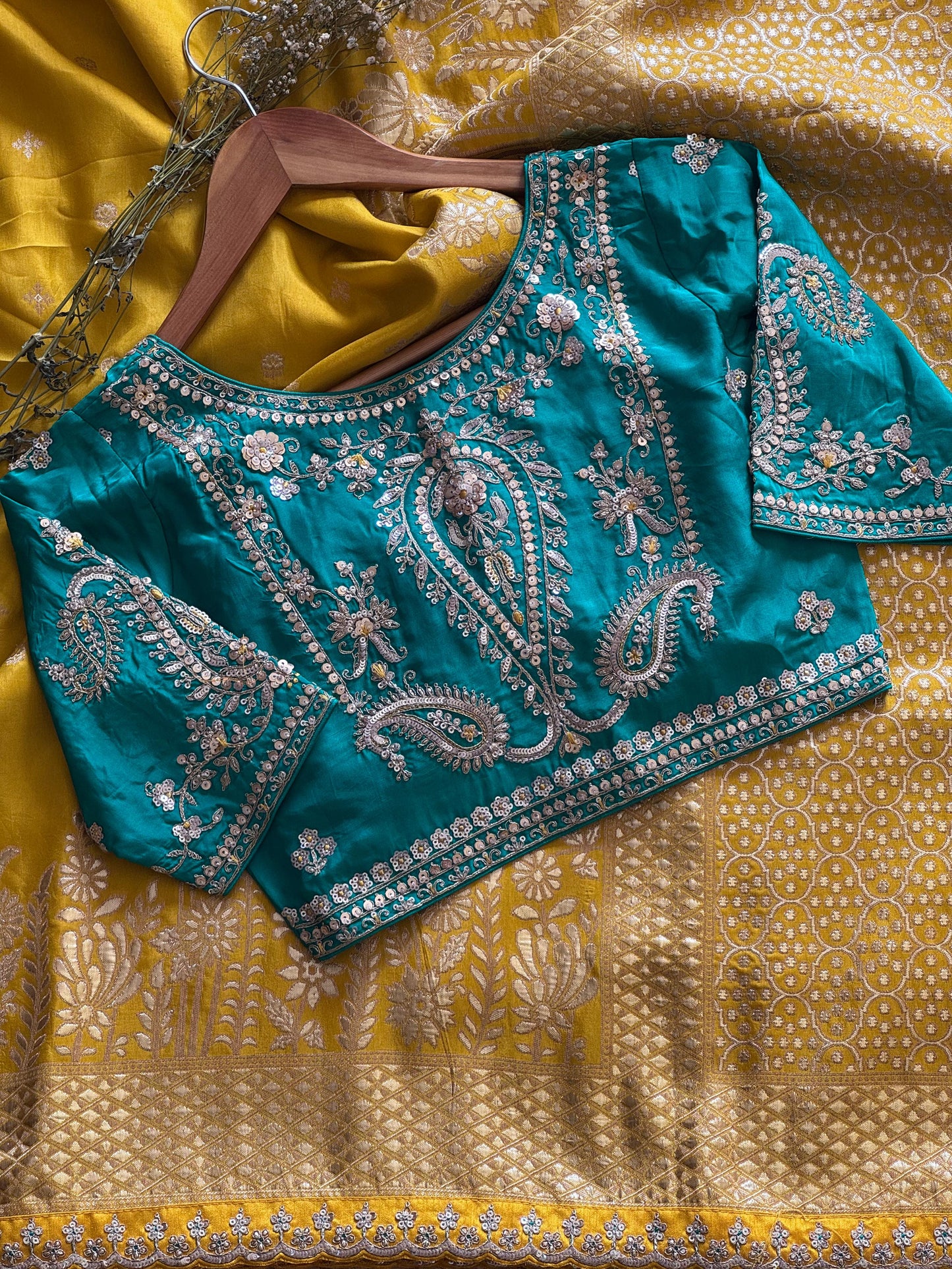 Luxe saree with stitched blouse Munga haldirasam saree