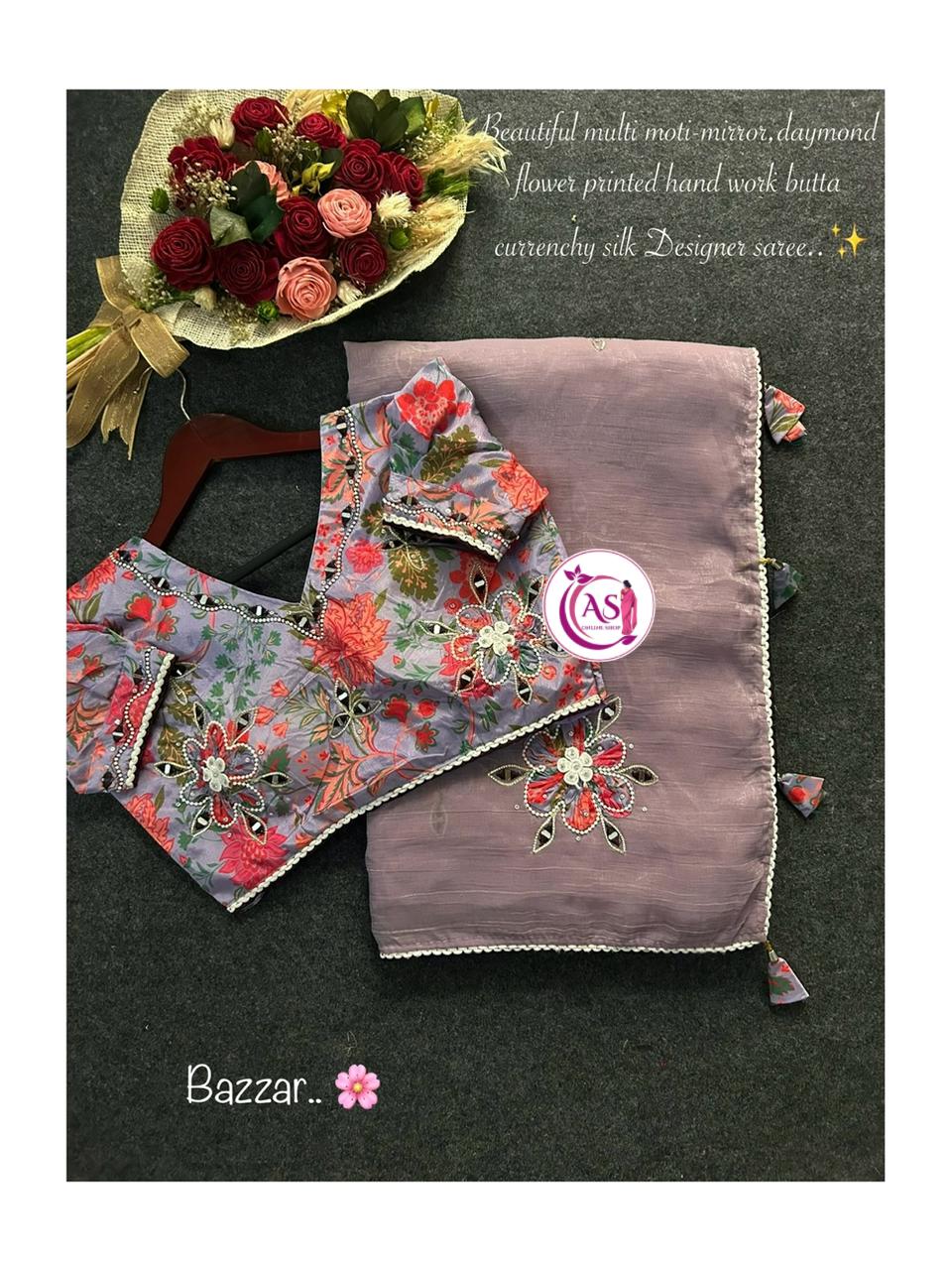 Multi mirron stitched blosue with crunchy silk saree