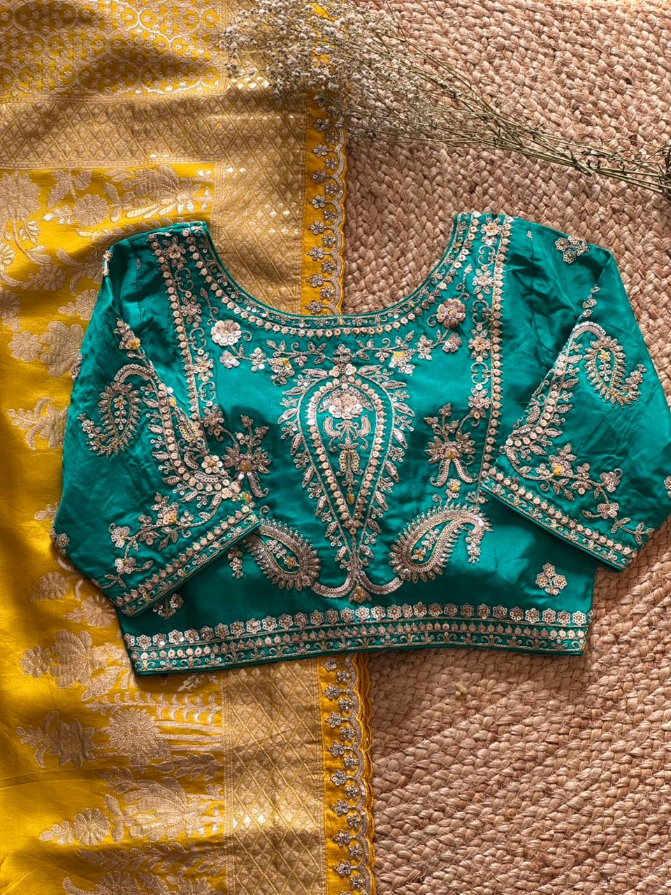 Luxe saree with stitched blouse Munga haldirasam saree