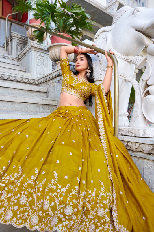 Vichitra silk mustard Haldi Unstitched Lehengas