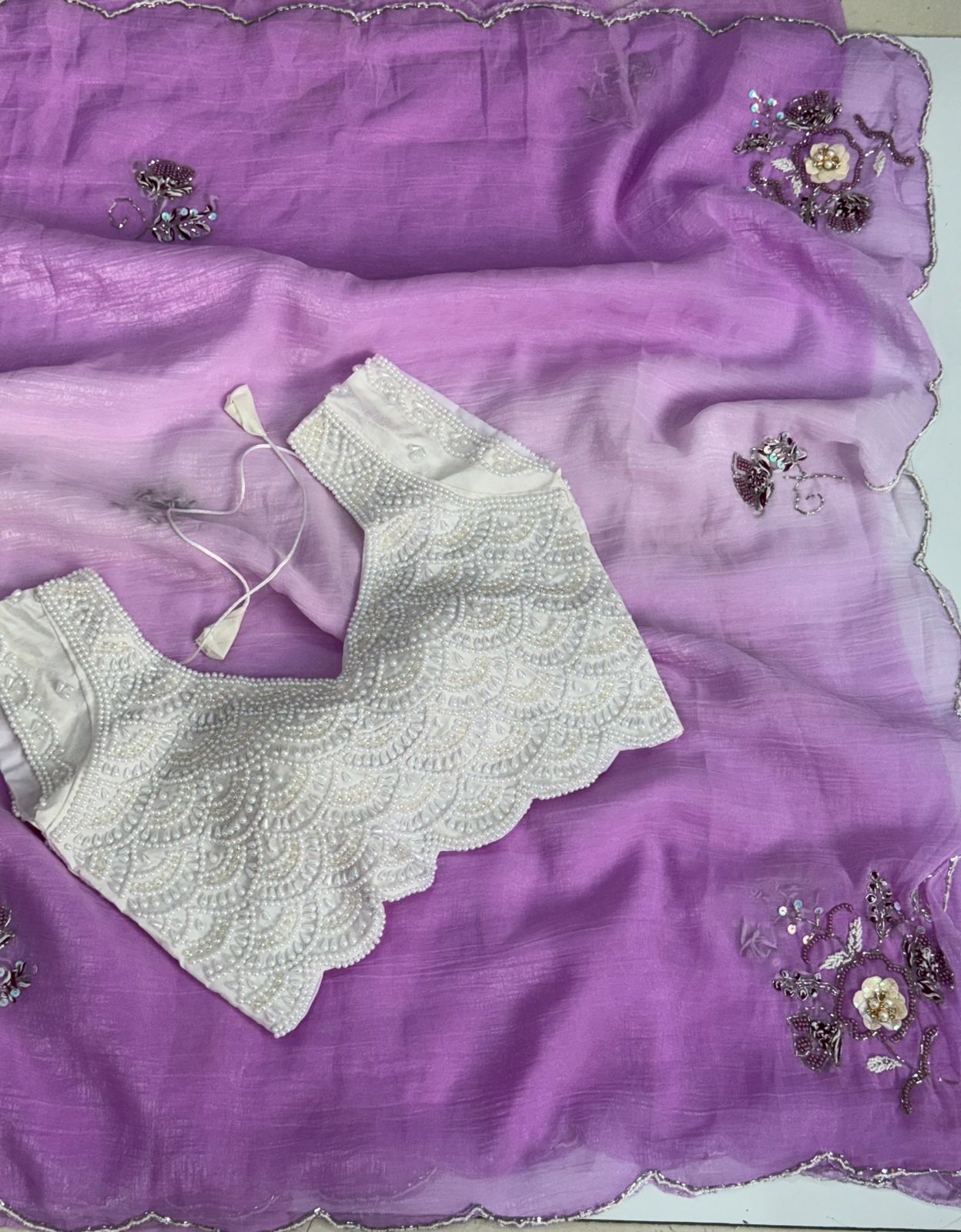 Crunchy handwork khatli saree with pearl stitched blouse