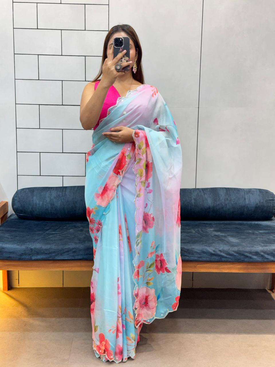 Organza handwork Viral Trendy Saree