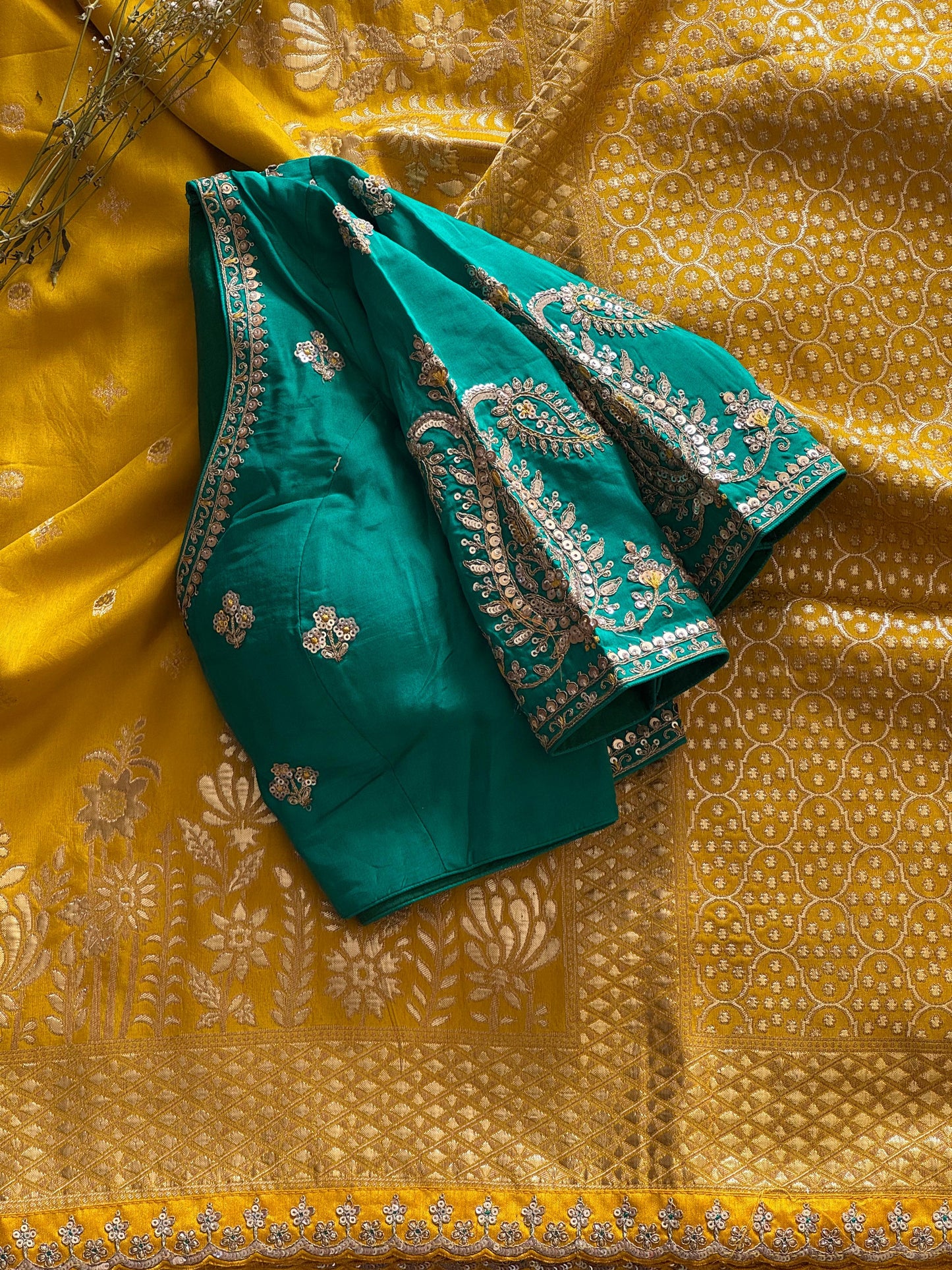 Luxe saree with stitched blouse Munga haldirasam saree