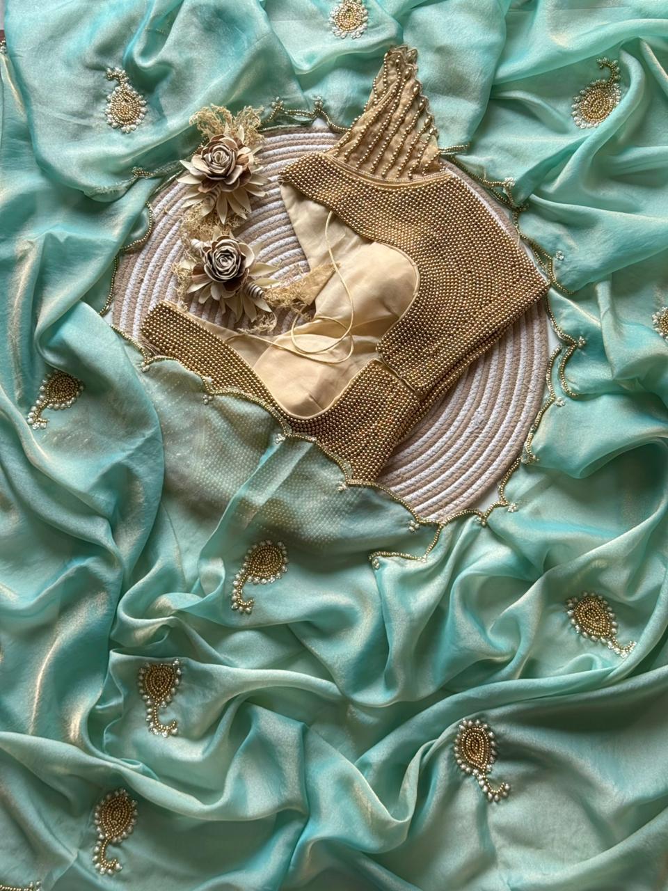 Space Georgette saeee with gold pearl work blouse