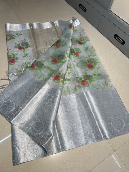 Banarasi Tissue Kota Check Hand Brush Saree