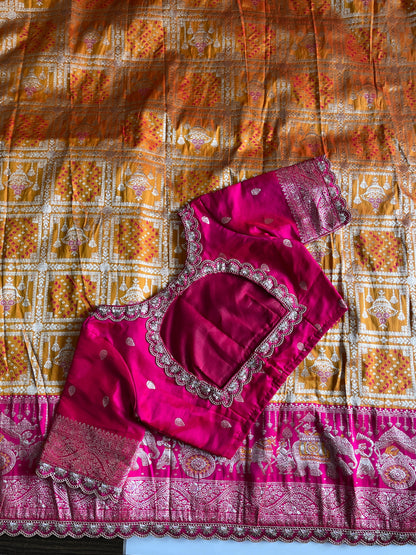 Banarasi Pattu saree with bandhani stitched blouse