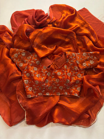 Rust Orange Desginer saree with Stitched Blouse Instgram best seller
