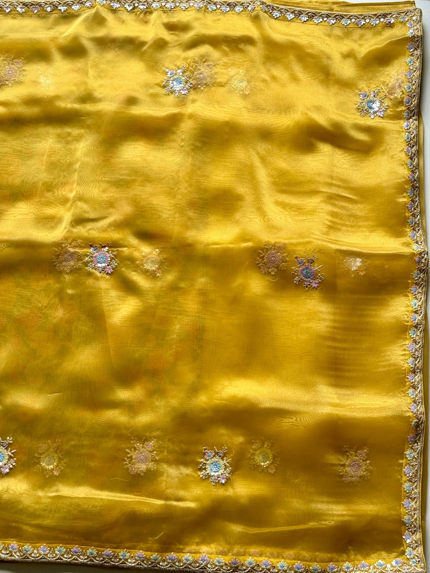 HaldiSpecial Premium tissue silk saree with coding work & multi colour sequence with Stitched Blouse