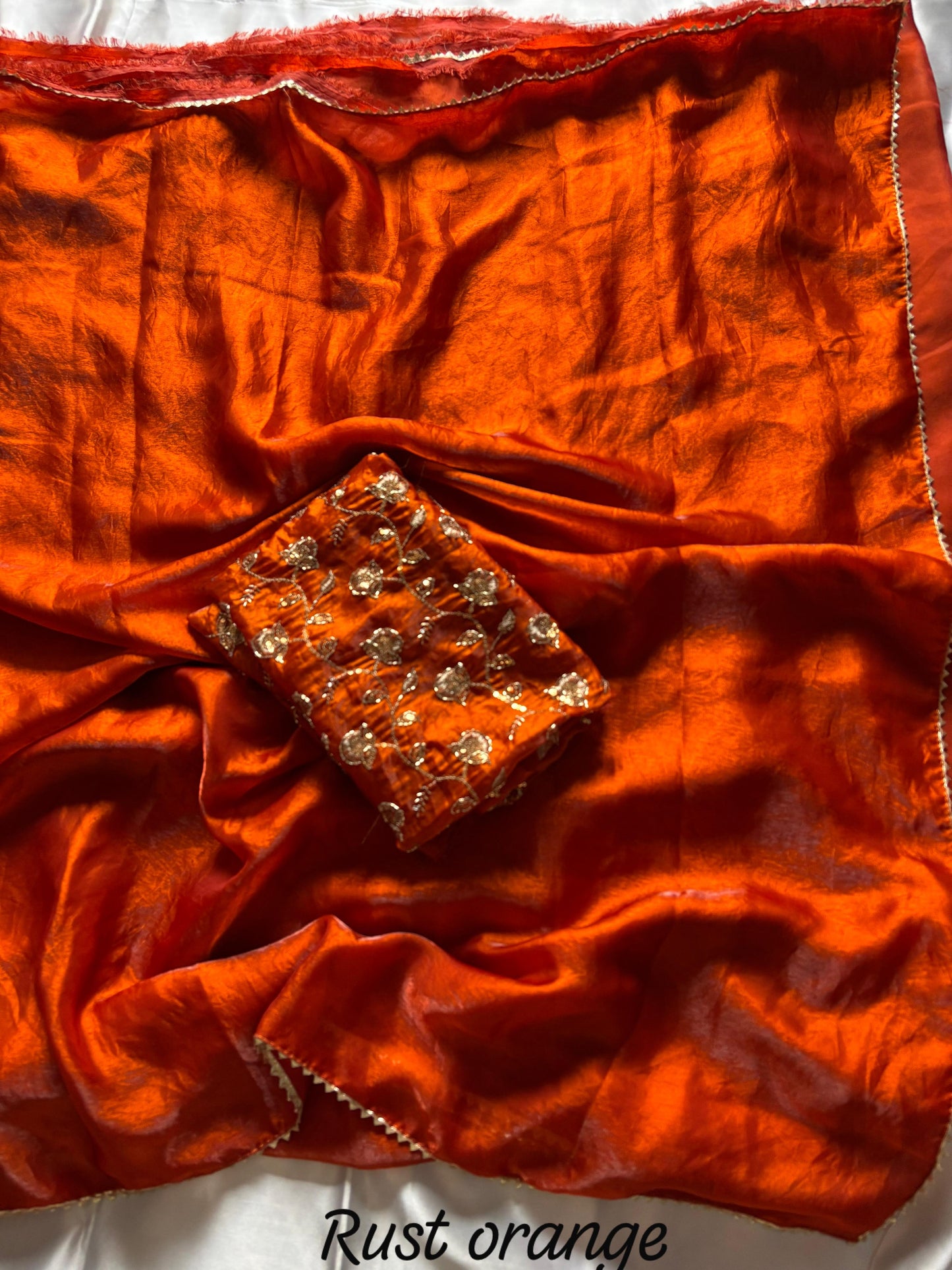 Rust Orange Desginer saree with Stitched Blouse Instgram best seller