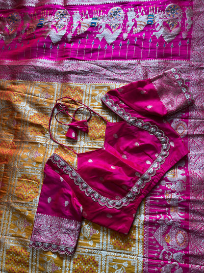 Banarasi Pattu saree with bandhani stitched blouse