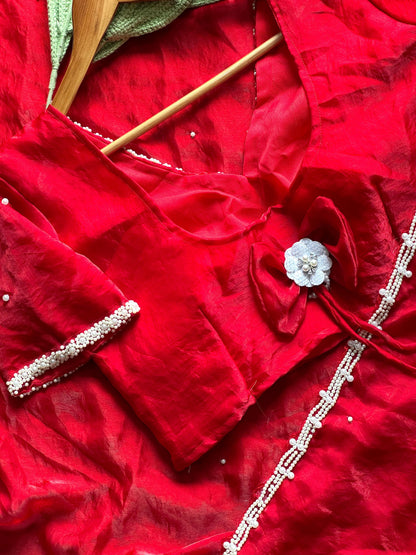 Pearl Work Space Silk Saree with pearl work Stitched Blouse