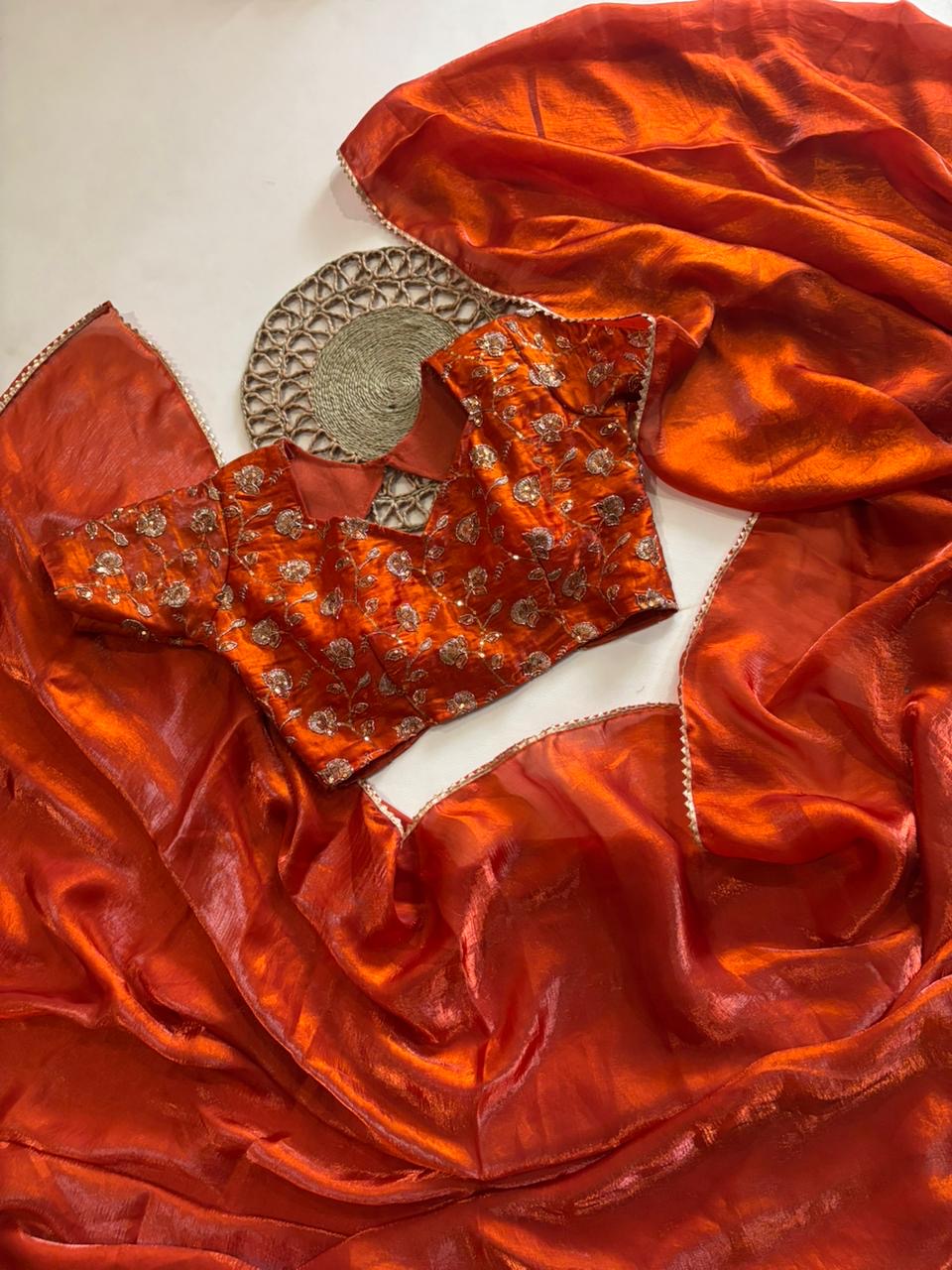 Rust Orange Desginer saree with Stitched Blouse Instgram best seller