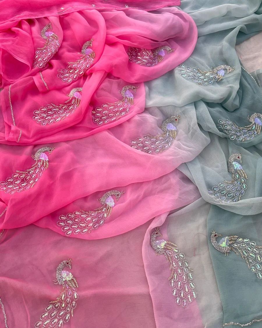 Half Pure Chiffon Handwork saree budget friendly