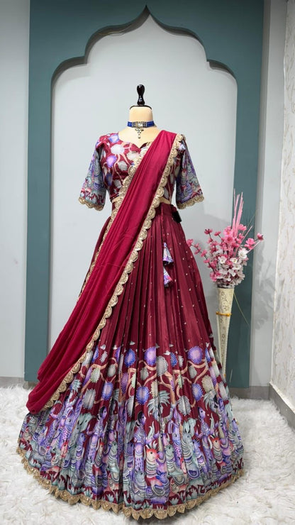 Chinnon silk Kalmkari Lehenga