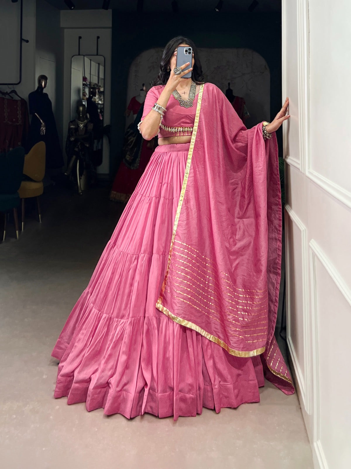 lehenga that whispers culture – pure Chanderi, pure devotion.🌸✨
