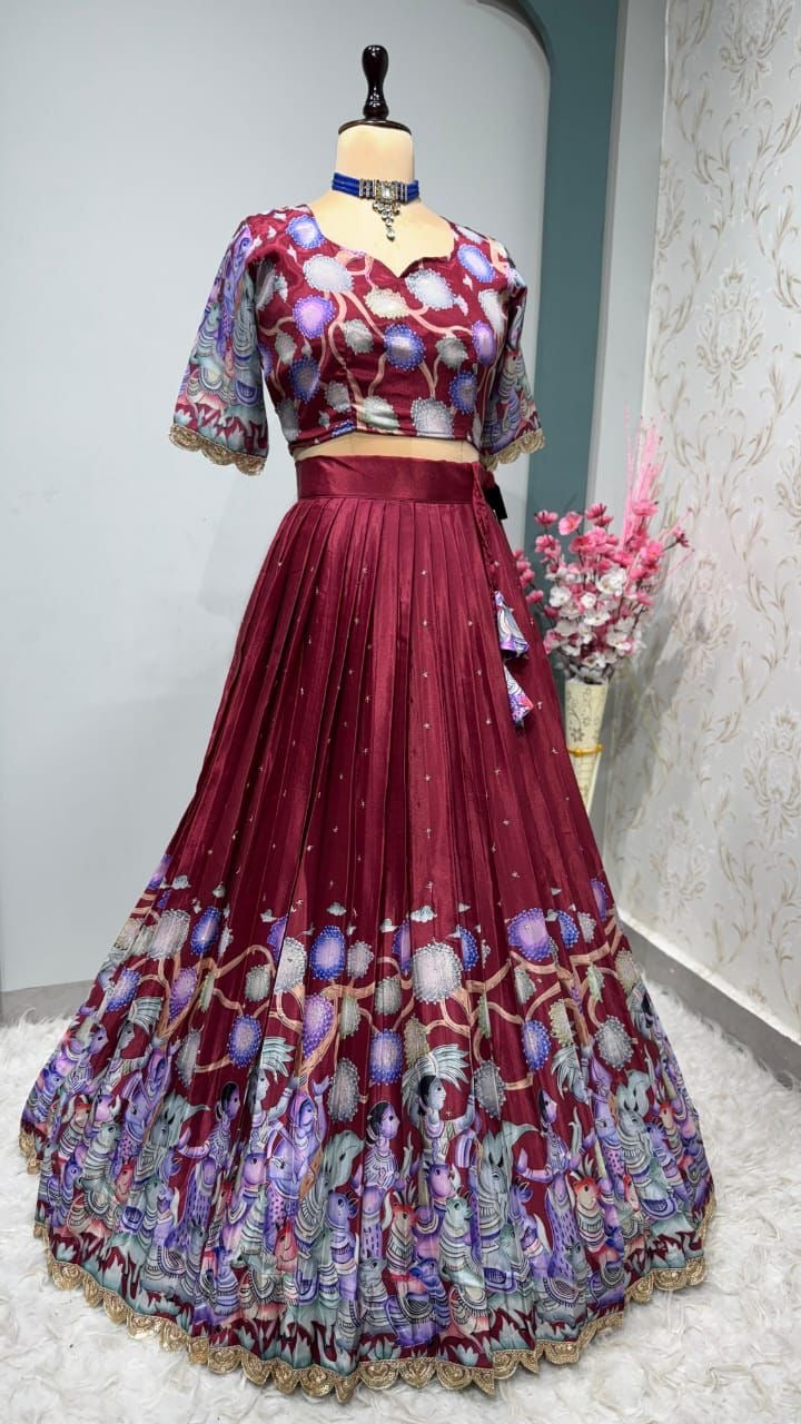 Chinnon silk Kalmkari Lehenga