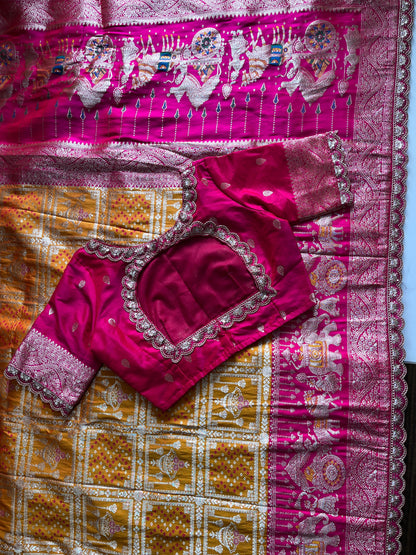 Banarasi Pattu saree with bandhani stitched blouse