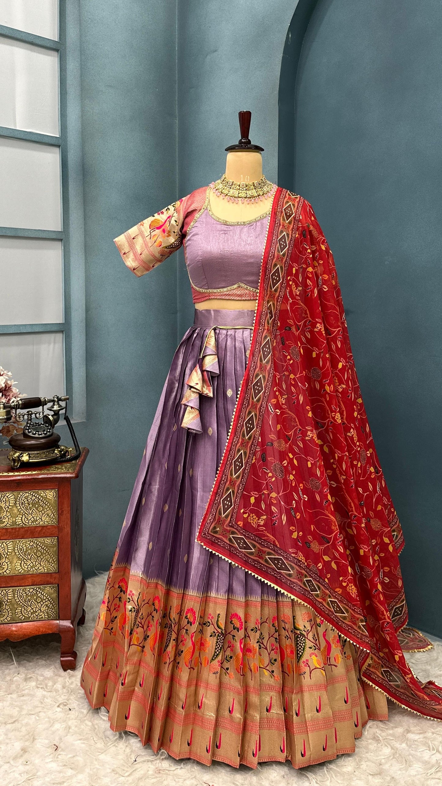"Elegant Paithani Silk Lehenga Choli Set - Two-Tone Tissue Silk"