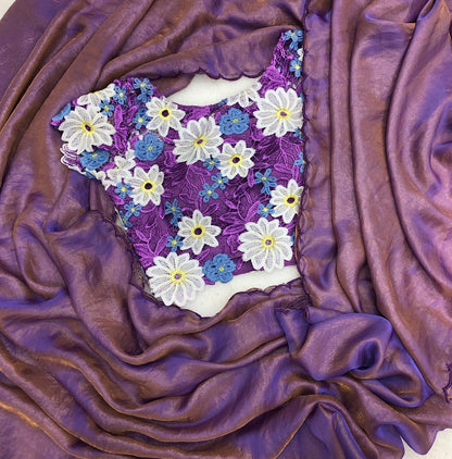 Crosya embroidery cutwork designer  blosue with fendy silk saree