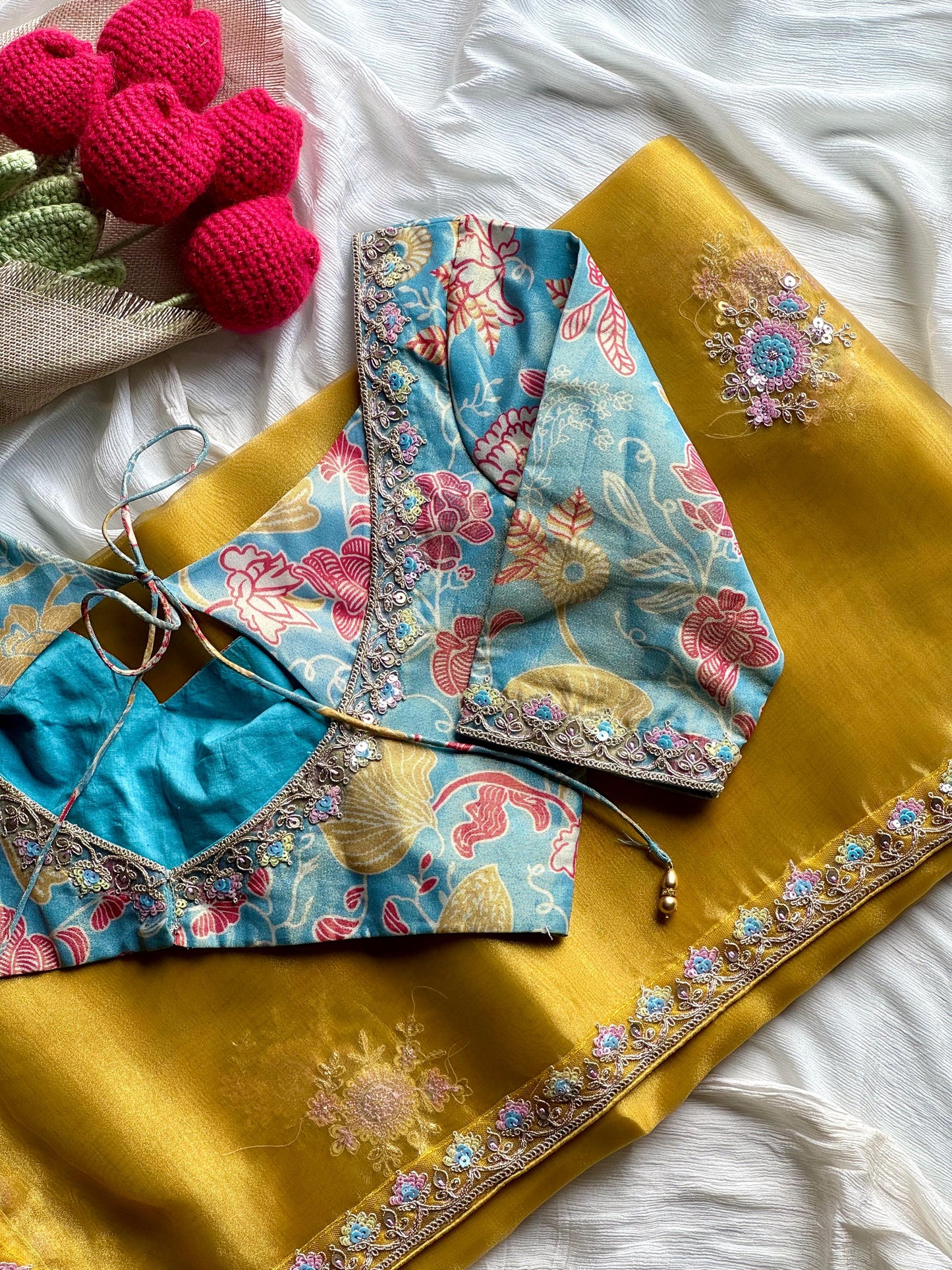 HaldiSpecial Premium tissue silk saree with coding work & multi colour sequence with Stitched Blouse