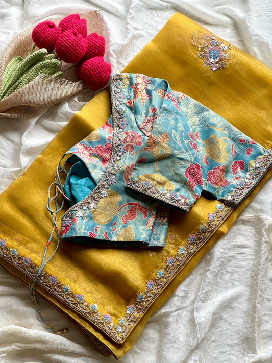 HaldiSpecial Premium tissue silk saree with coding work & multi colour sequence with Stitched Blouse