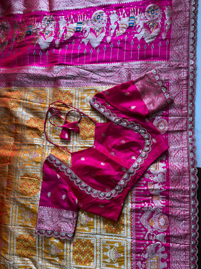 Banarasi Pattu saree with bandhani stitched blouse