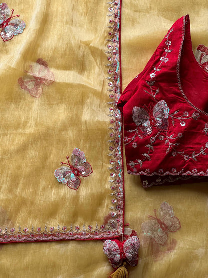 Luxe organza coding saree with stitched blouse